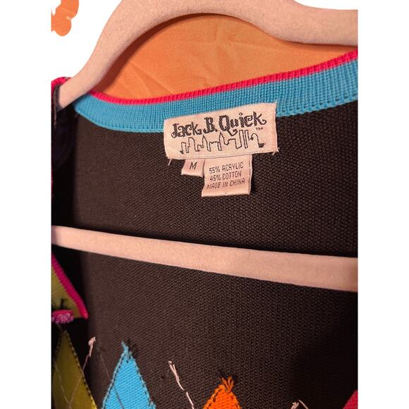 Vintage Jack B Quick Argyle Black Pink Green Blue Cardigan Sweater Medium - Picture 6 of 6